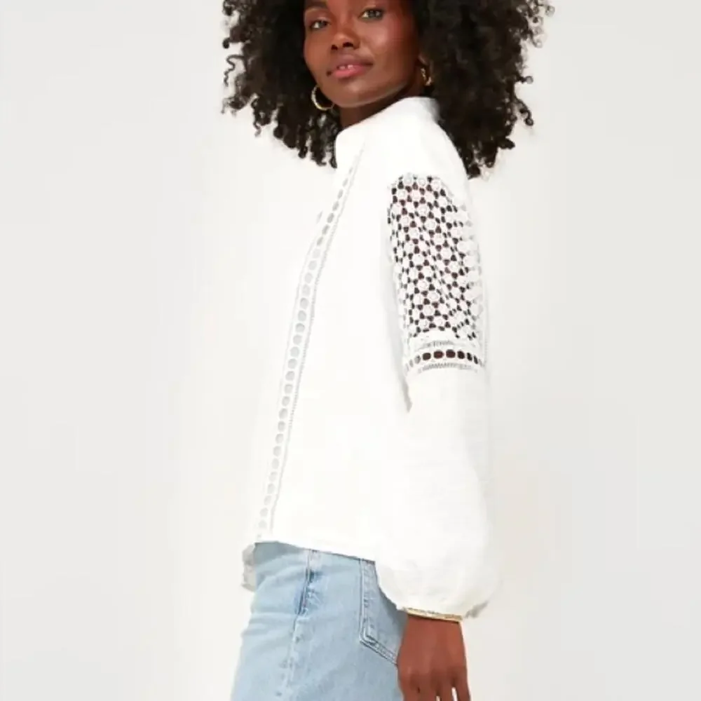 Tuckernuck White Eyelet Lace Cutout Puff Sleeve Jane Blouse Size XS